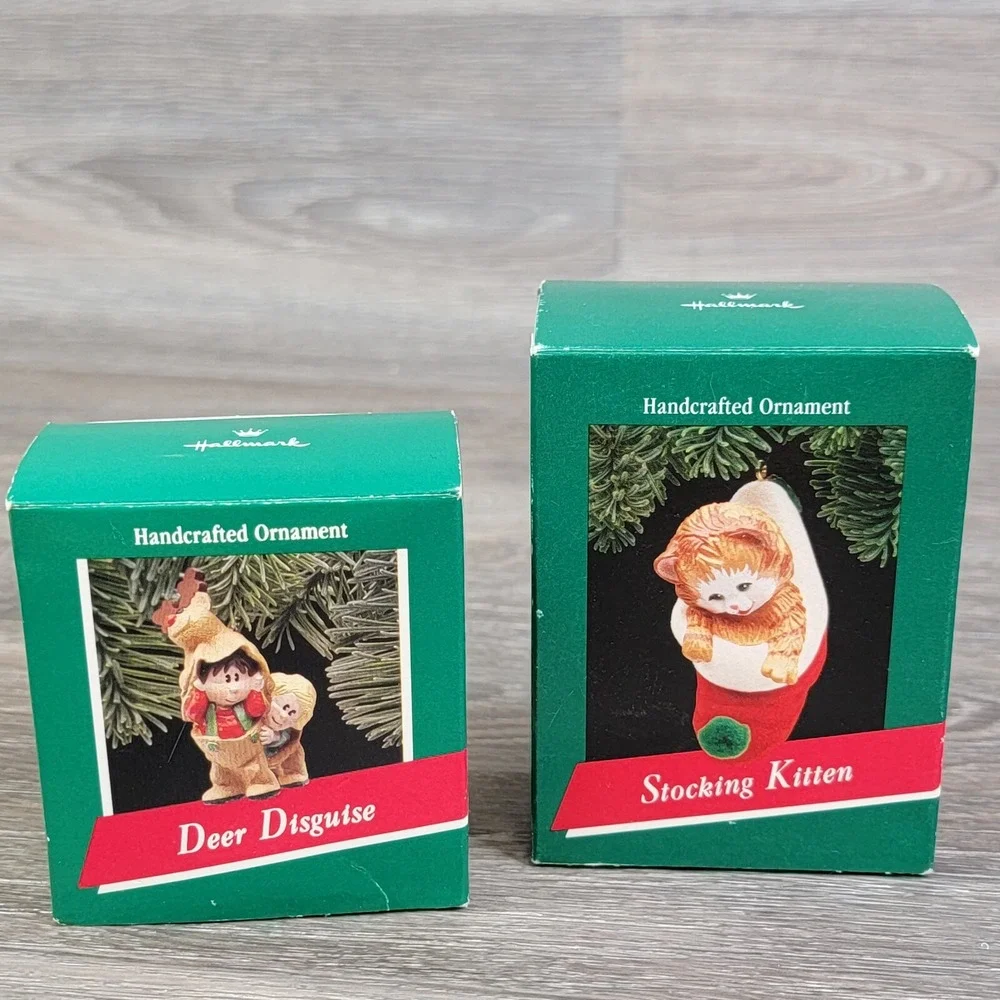 Vtg 80's Hallmark Christmas Ornament Lot of Two Stocking Kittens Deer Disguise‎